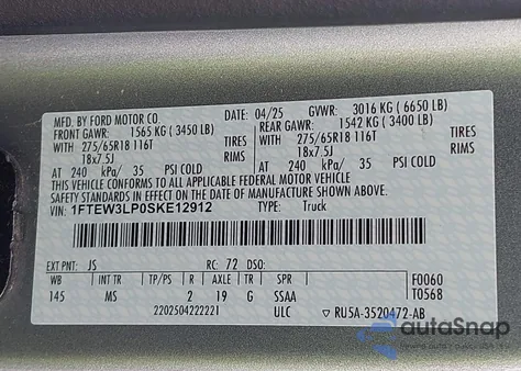 2025 Ford F-150 Xlt из США, поврежденный, VIN 1FTEW3LP0SKE12912